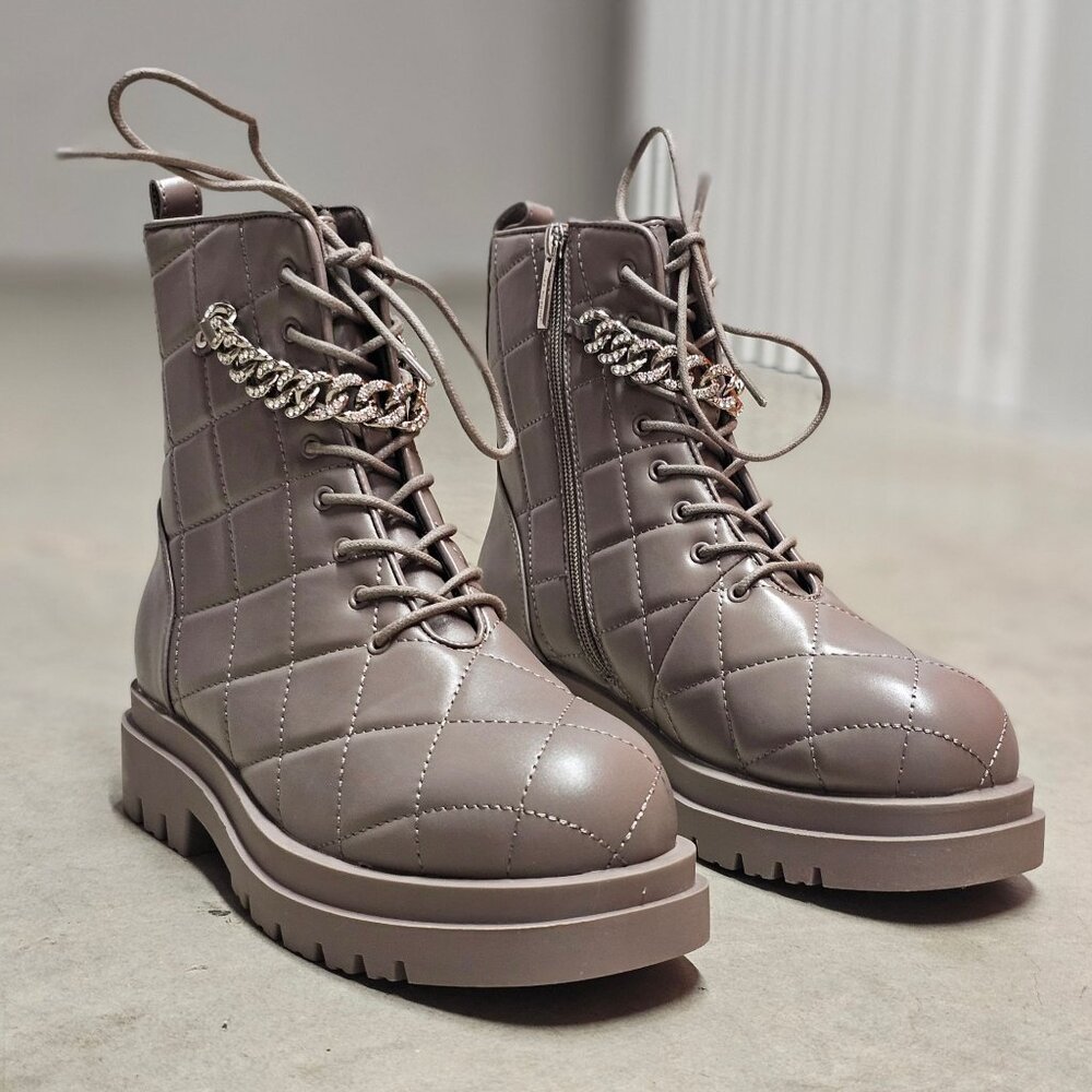 Quilted Faux Leather Lace-Up Combat Boots With Chain Accent Taupe Color